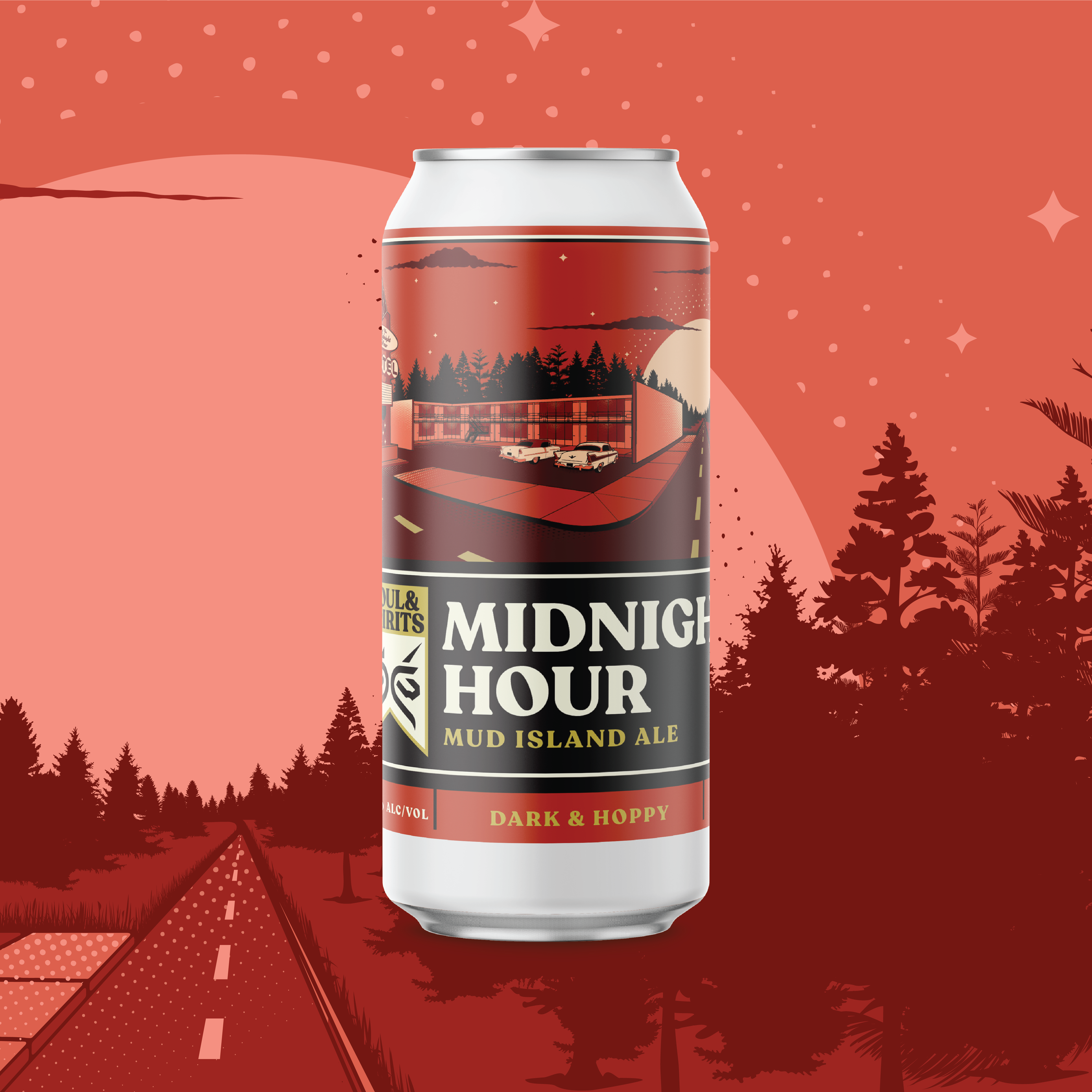 midnight hour beer can with red nature background